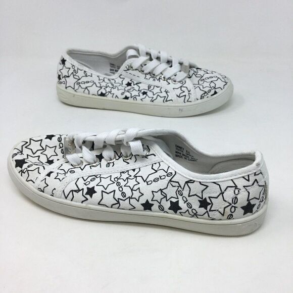 Bebe Women's Sneakers White Black Size 8.5 Daney Canvas Stars Logo Print Lace Up - Picture 7 of 8